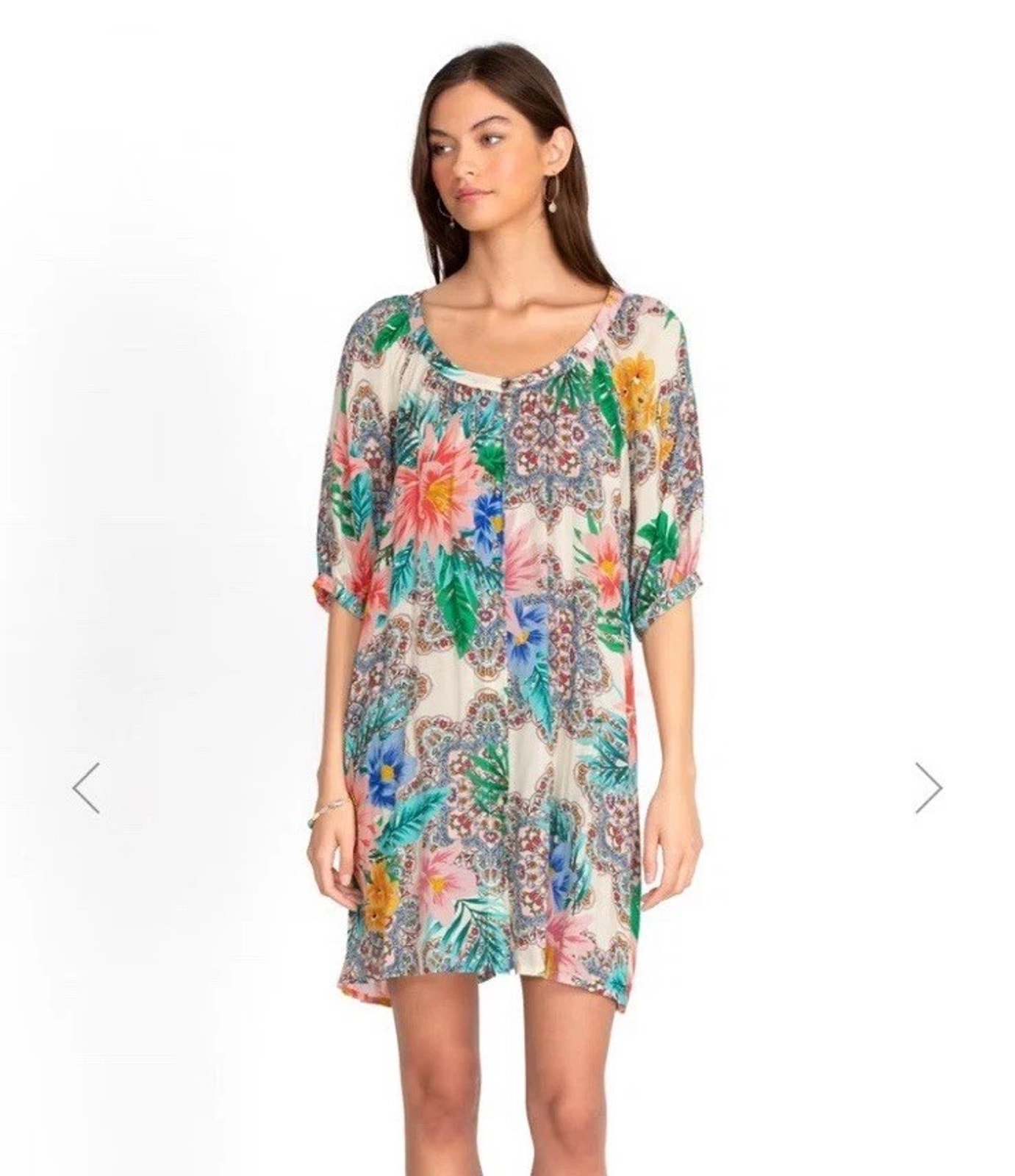 Johnny Was Jade $275 Bryony Mini Dress Cotton Poplin Bold Floral Sz S White Blue